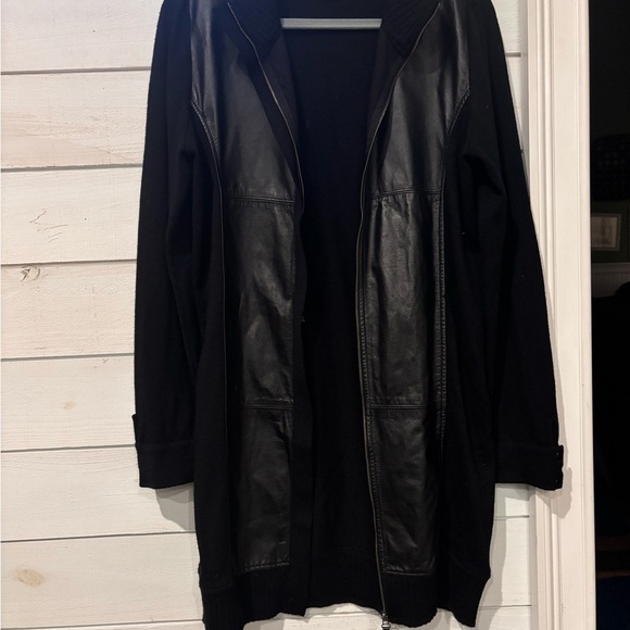 White + Warren Black 100 Merino Wool with Leather Trim Jacket in size Large - Picture 4 of 16